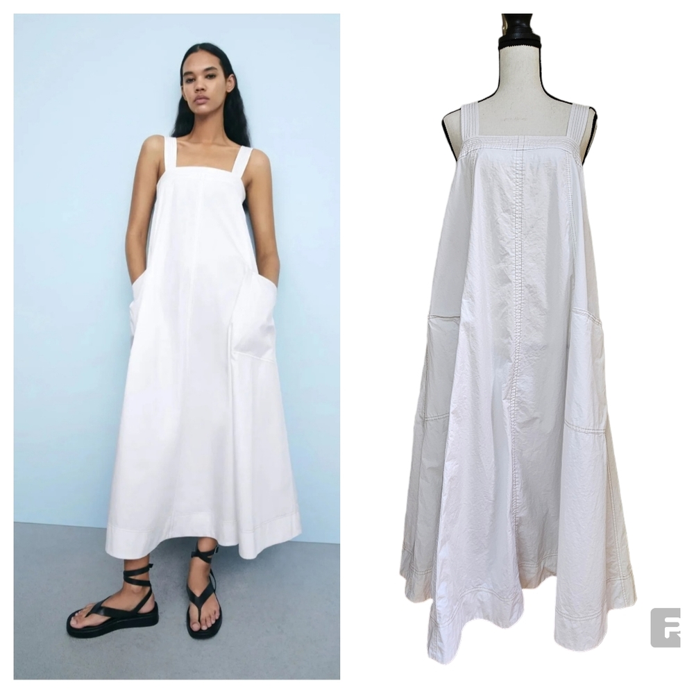 Zara Women’s Topstitched Midi White Cotton Dress Size M